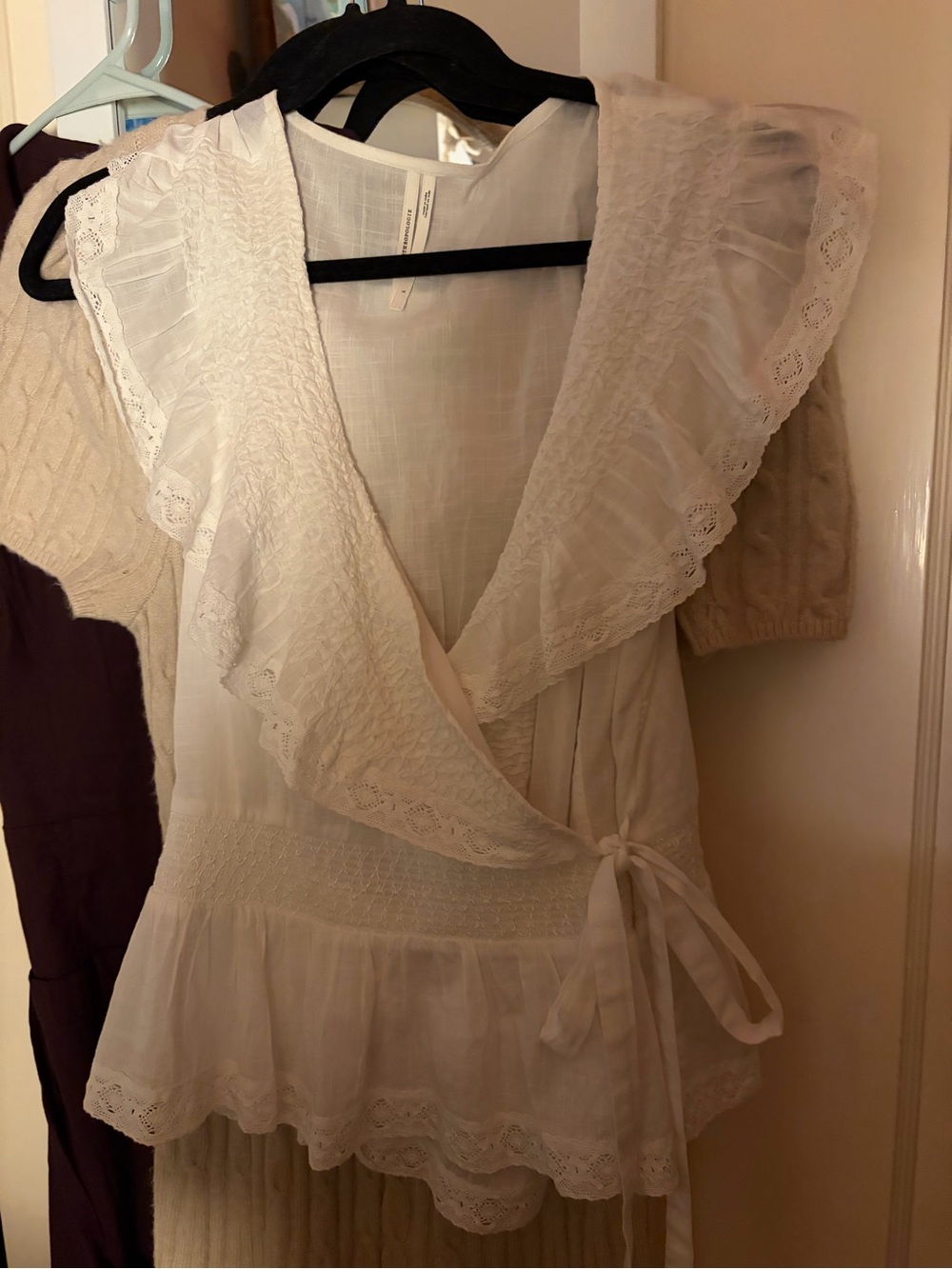 Anthropologie White Ruffled Wrap Blouse